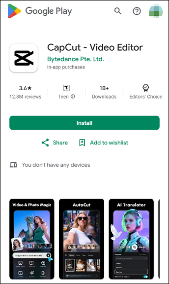 The detail page of CapCut in the Google Play Store.