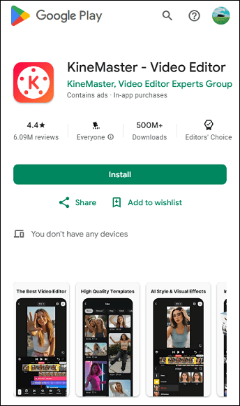 The detail page of KineMaster in the Google Play Store.