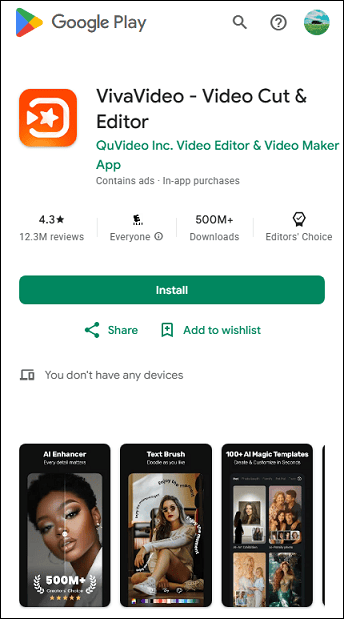 The detail page of VivaVideo in the Google Play Store.