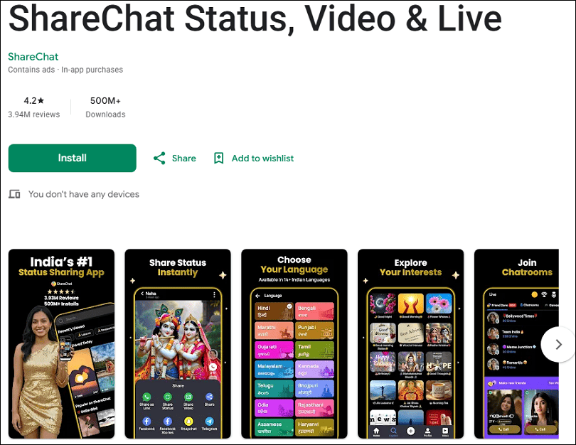 The detail page of ShareChat in the Google Play Store.