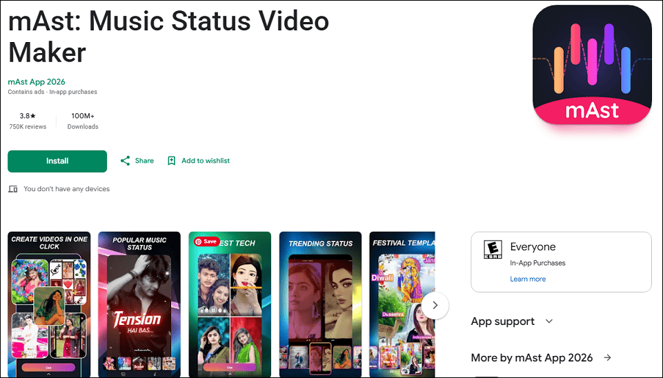 The detail page of mAst in the Google Play Store.