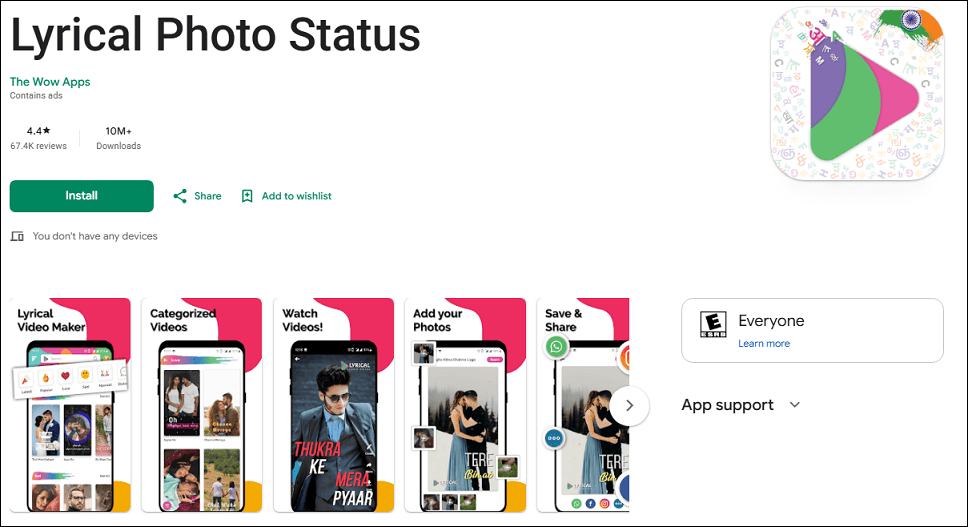 The detail page of Lyrical Photo Status in the Google Play Store.