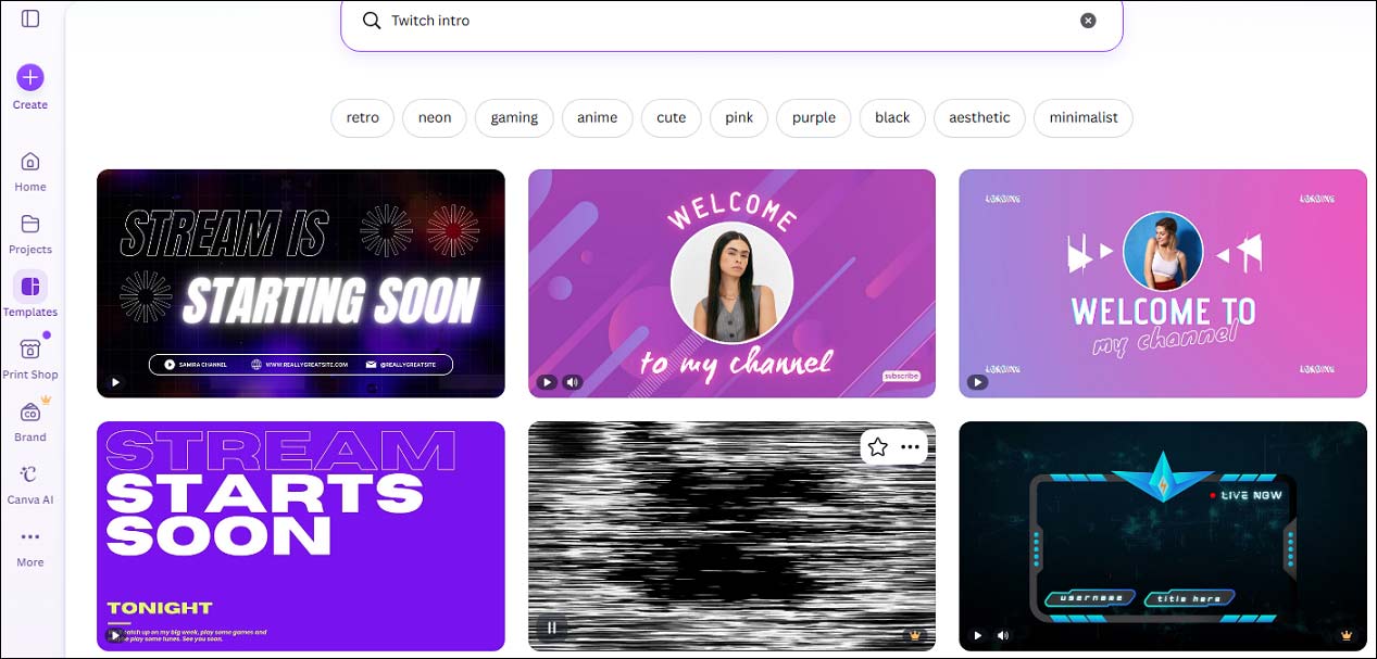 The templates page on the Canva website.