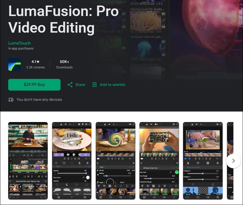 The detail page of LumaFusion in the Google Play Store.