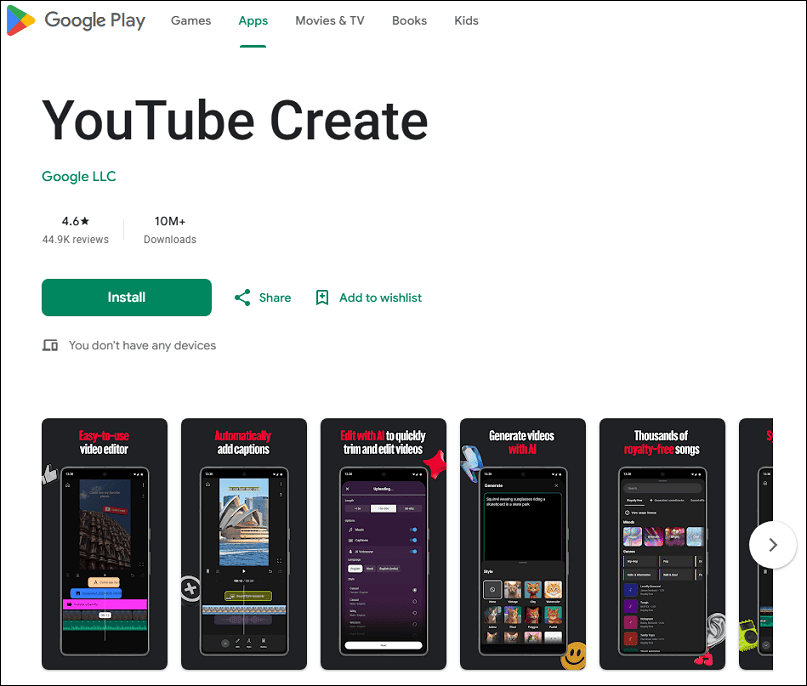 The detail page of the YouTube Create app in the Google Play Store.