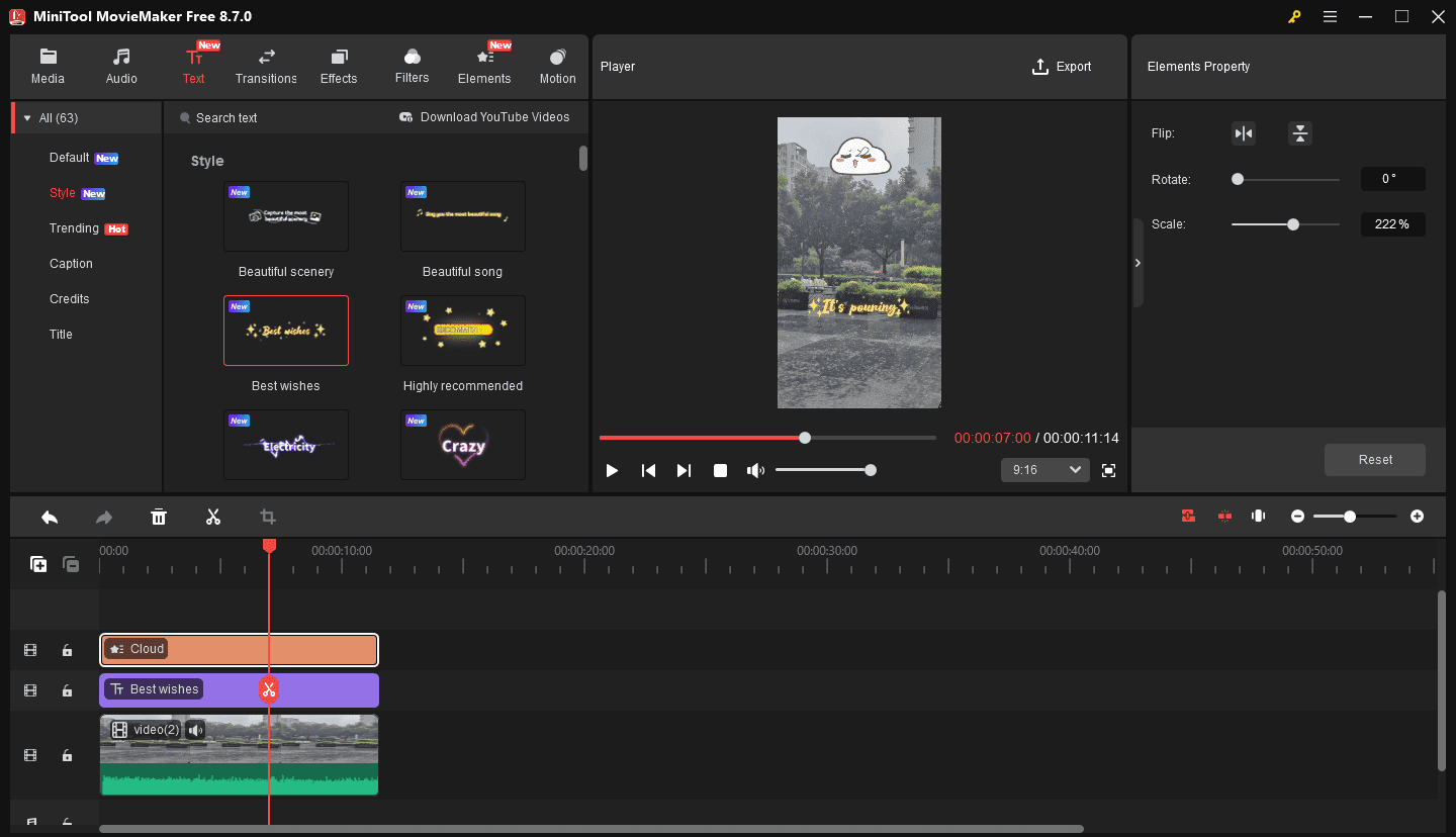 The main interface of MiniTool MovieMaker showing a vertical video with a sticker and captions.