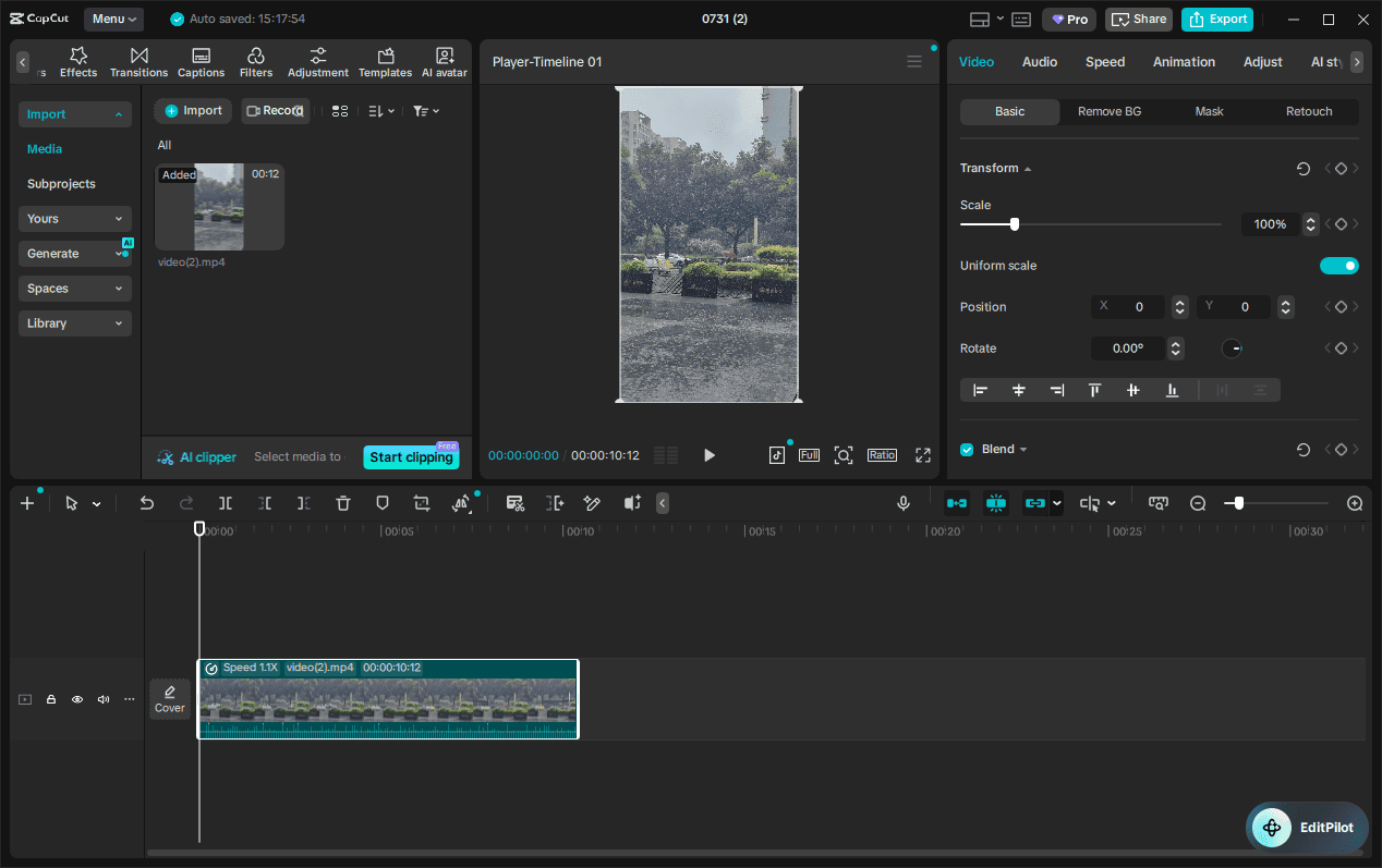 CapCut main user interface showing a video of rain.