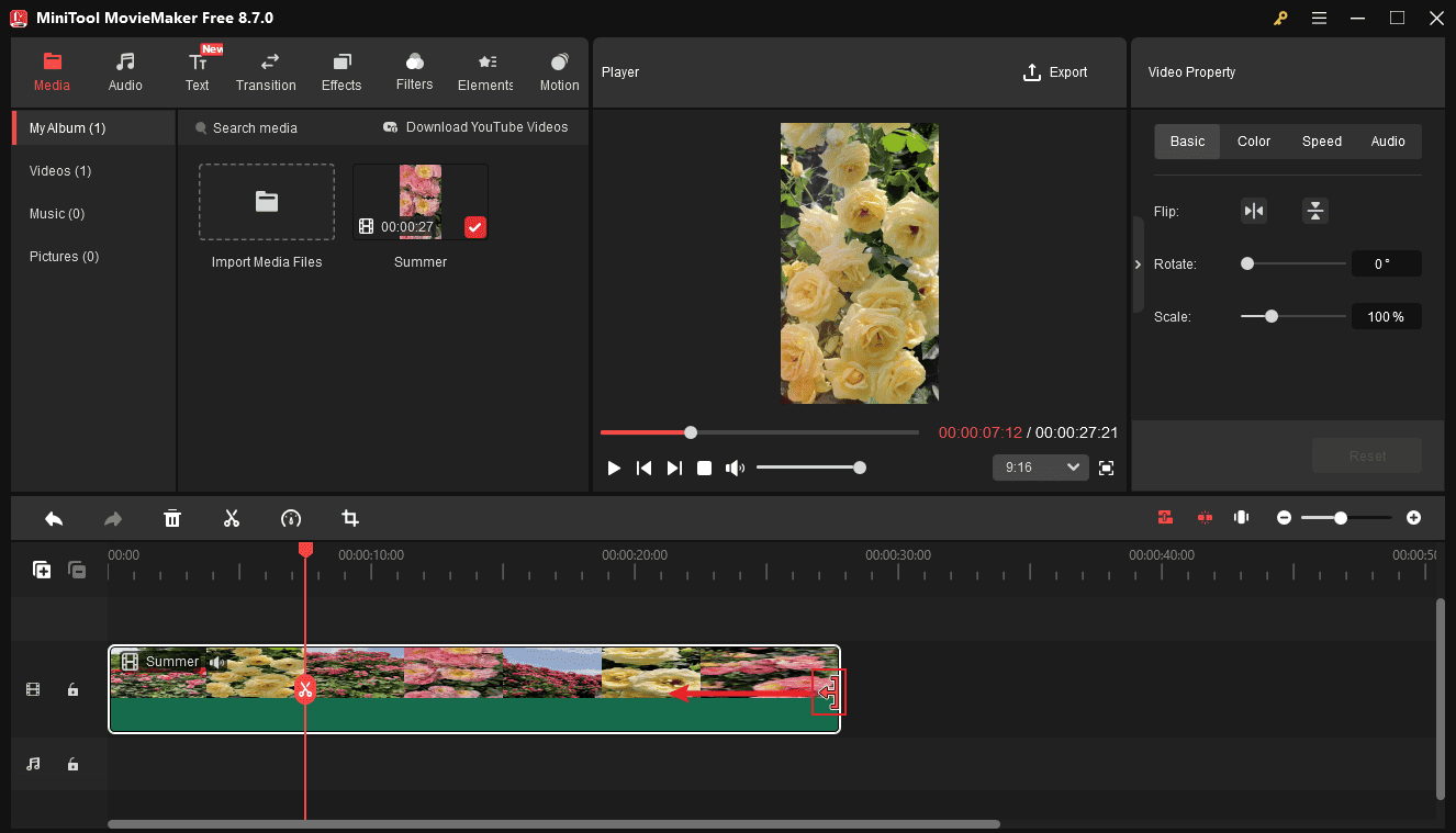 MiniTool MovieMaker interface showing how to trim a video.