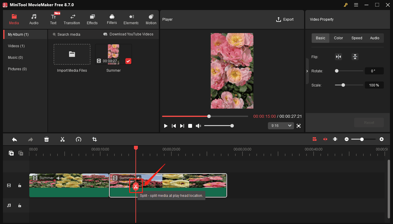 MiniTool MovieMaker interface showing how to split a video.