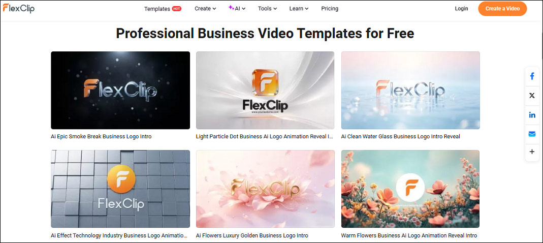 Business video templates page on FlexClip.
