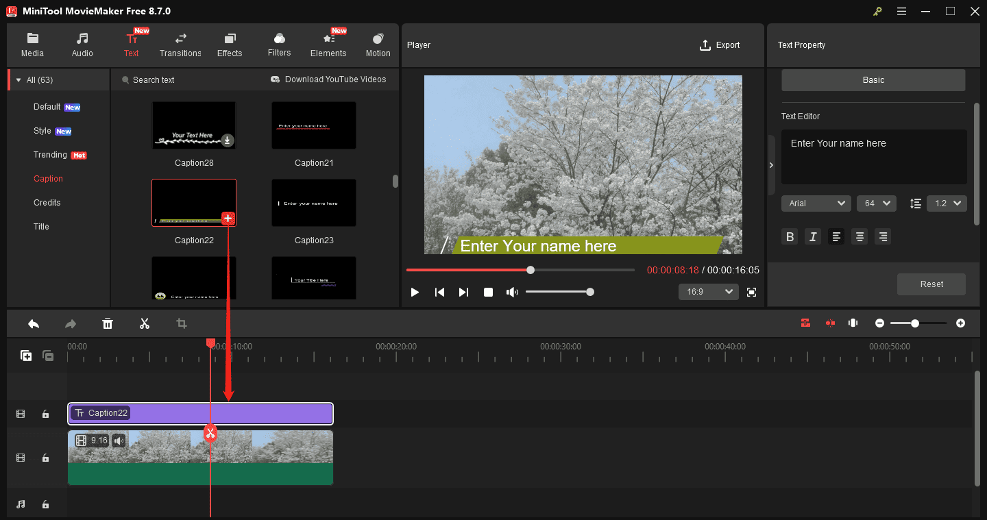 MiniTool MovieMaker interface showing how to add a caption template to the timeline.