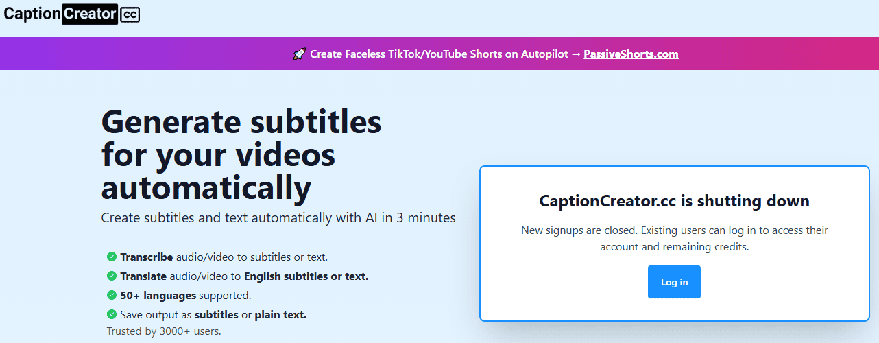 The home page of the CaptionCreator website.
