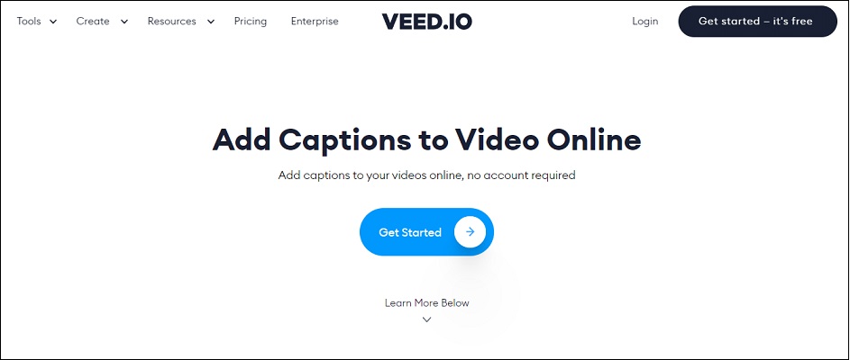 The VEED.IO website with the entry for adding subtitles to videos.