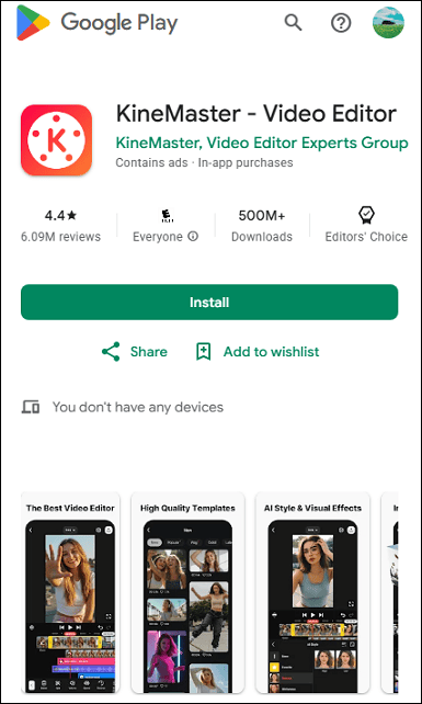 The detail page of KineMaster in the Google Play Store.