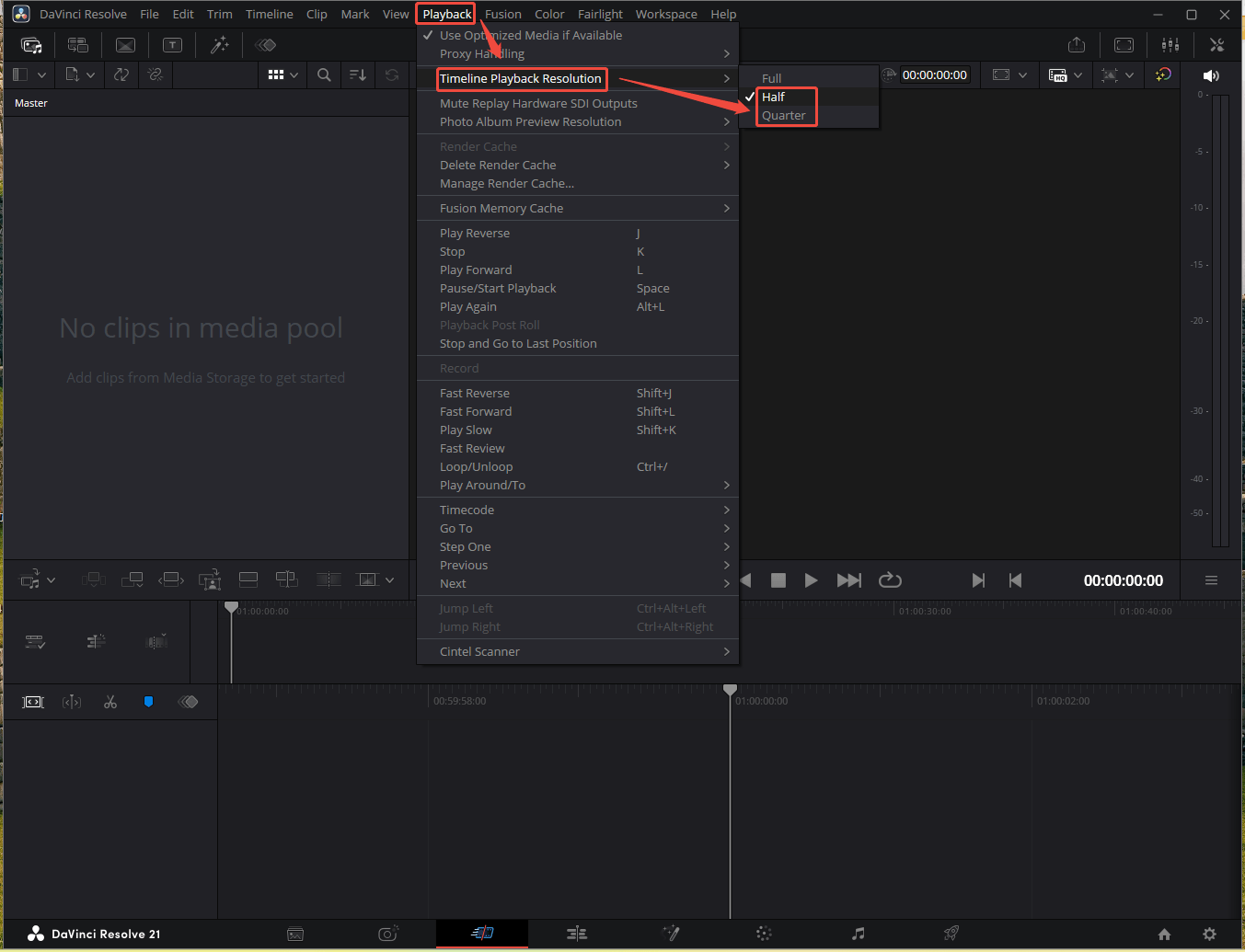DaVinci Resolve interface showing how to lower timeline playback resolution.