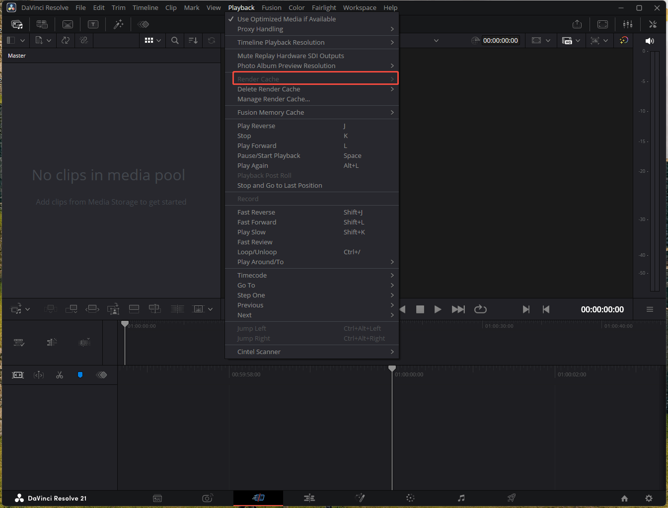 DaVinci Resolve interface with the Render Cache option selected under the Playback top menu.