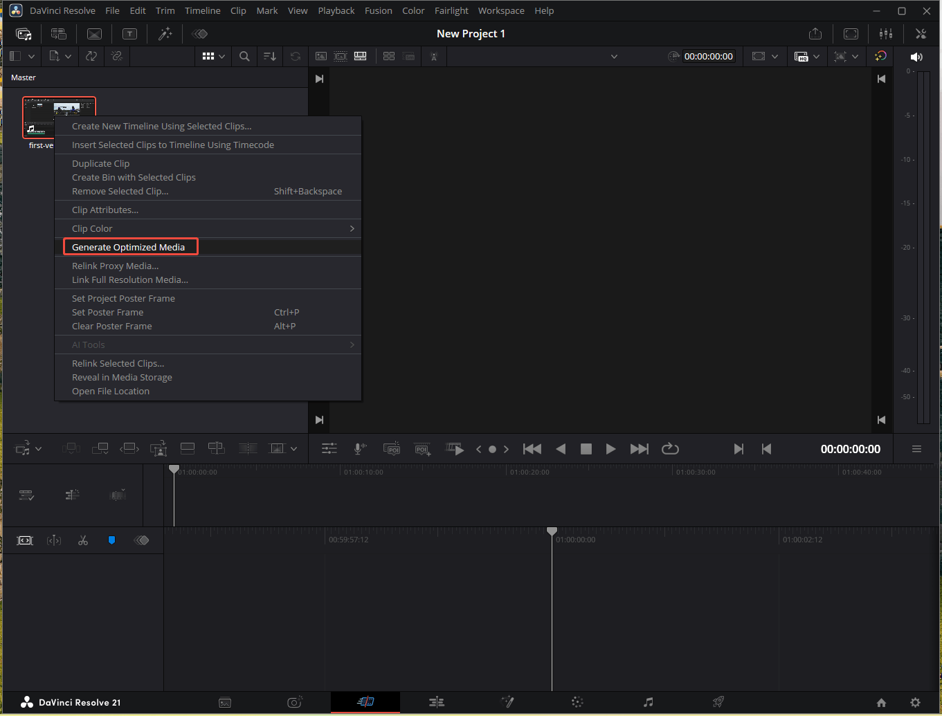 DaVinci Resolve UI with the Generate Optimized Media option selected in the right-click menu of a media in the media pool.