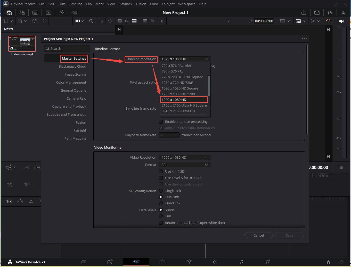 DaVinci Resolve UI showing how to change timeline resolution.