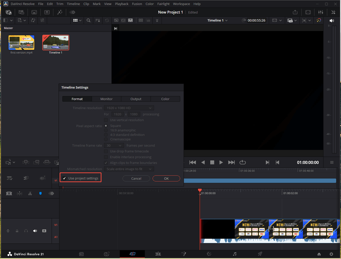 DaVinci Resolve interface with the Use project settings option checked within the Timeline Settings popup.