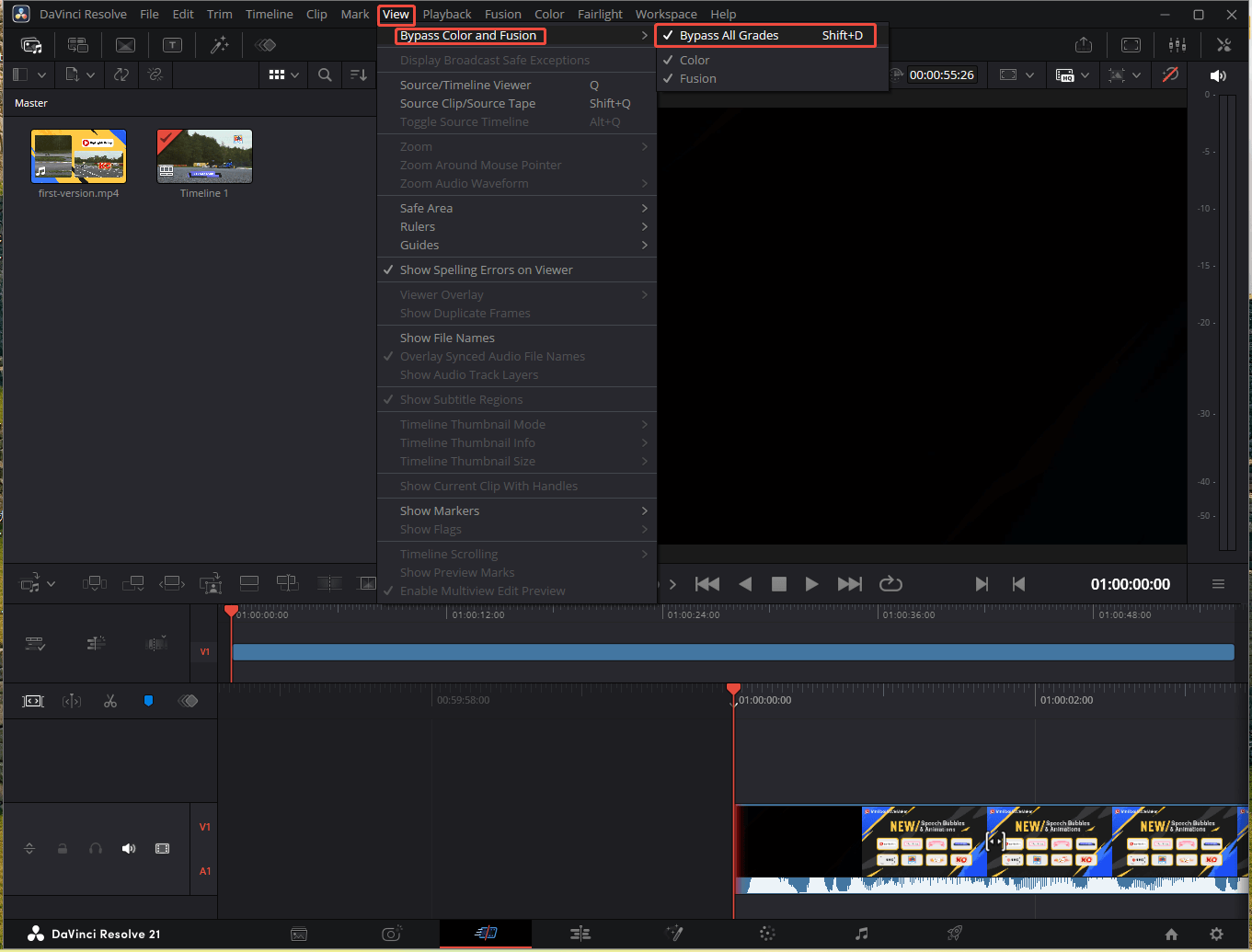 DaVinci Resolve interface showing how to bypass grades and color and fusion.