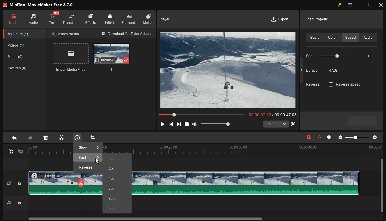 MiniTool MovieMaker interface showing how to speed up a video