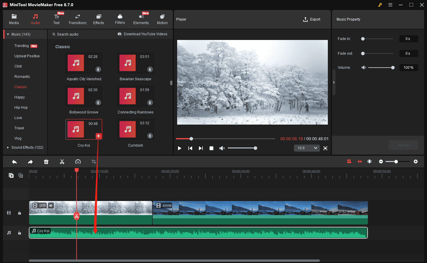 MiniTool MovieMaker interface showing how to add music to the video.