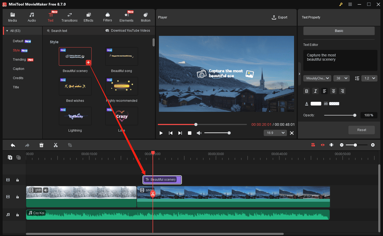 MiniTool MovieMaker interface showing how to add a text template to the timeline.