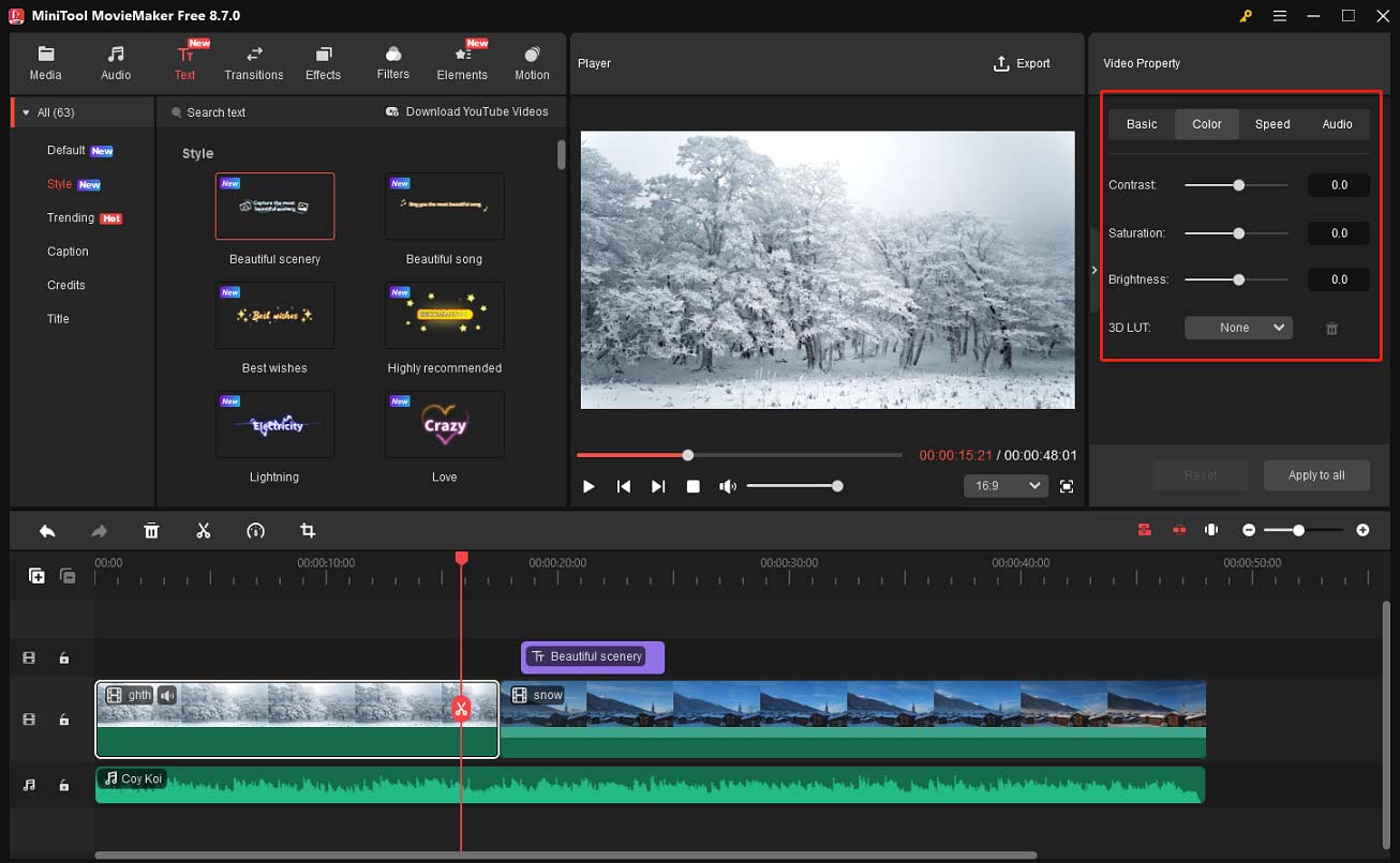 MiniTool MovieMaker interface with the selected Video Property section on the right side.