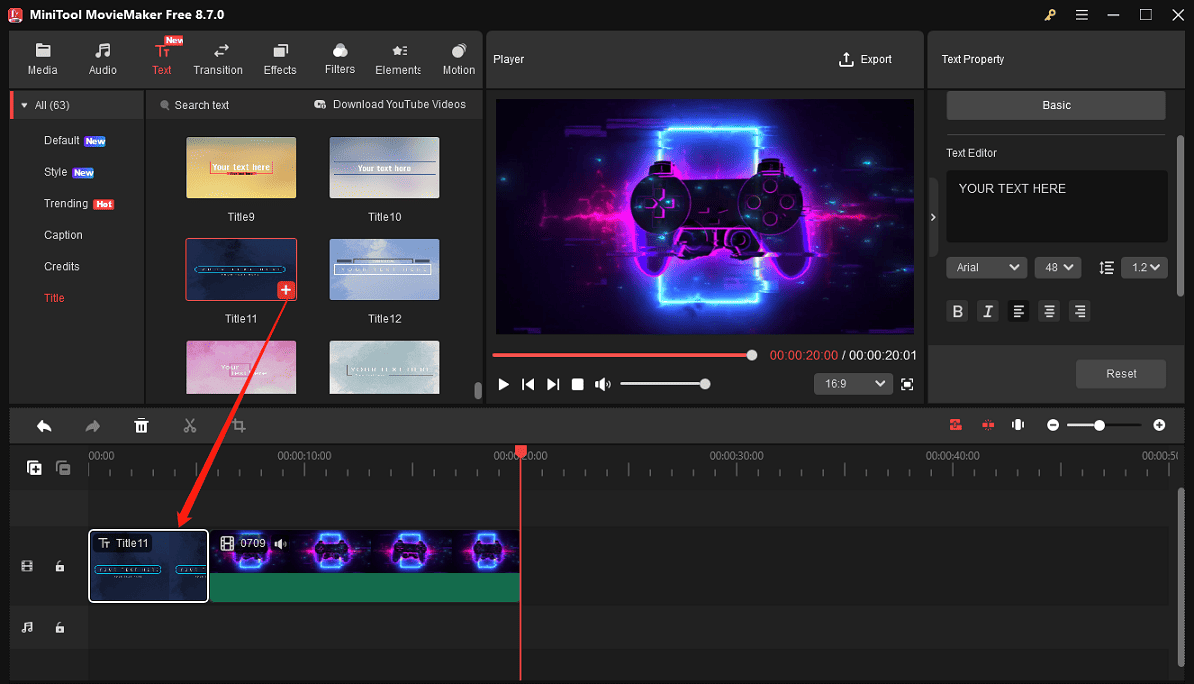 MiniTool MovieMaker interface showing how to add a title card to the timeline.