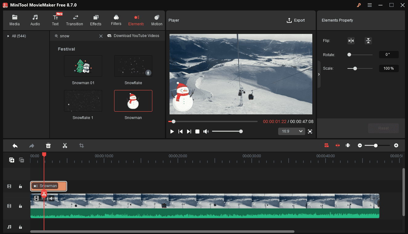 MiniTool MovieMaker playing a skiing video with a snowman sticker.