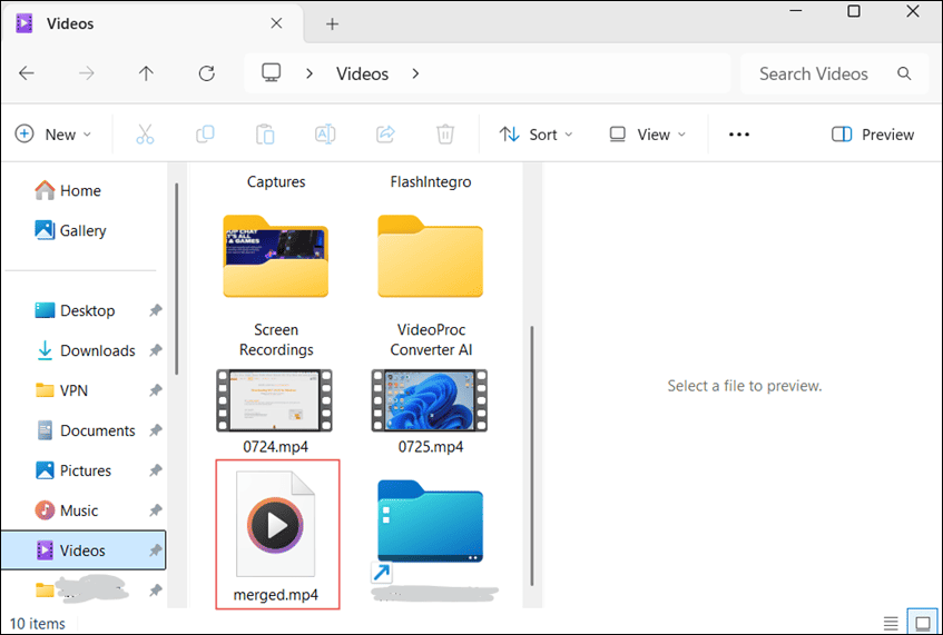 The Videos folder with the selected merged video file.