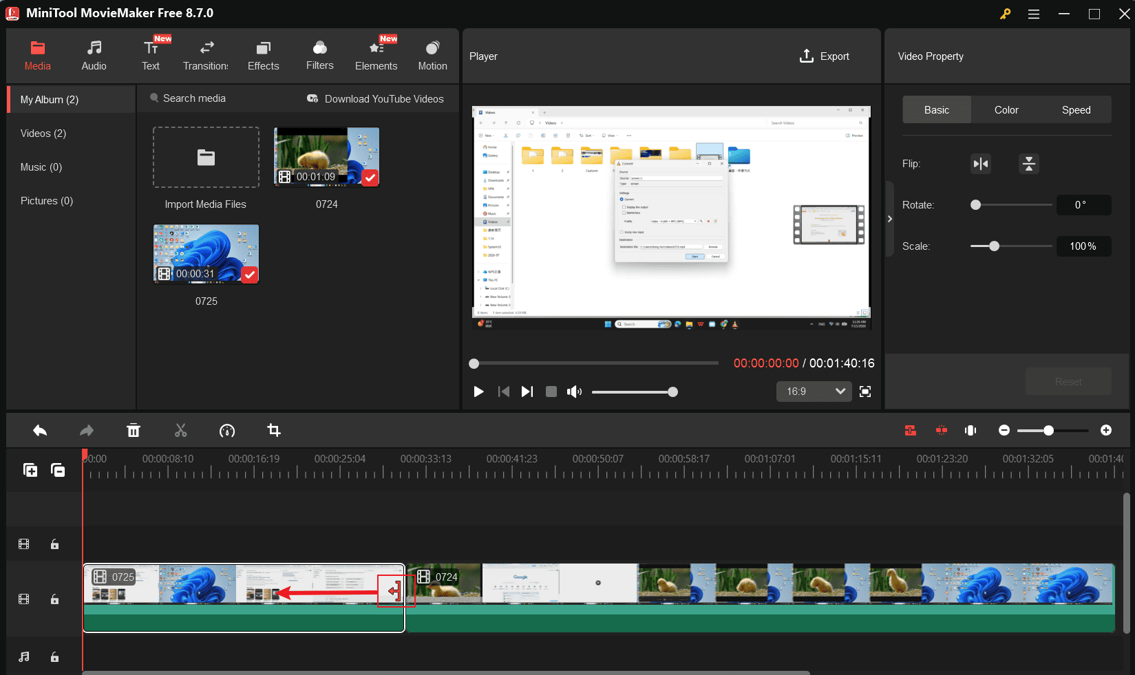 MiniTool MovieMaker interface showing how to trim a video.
