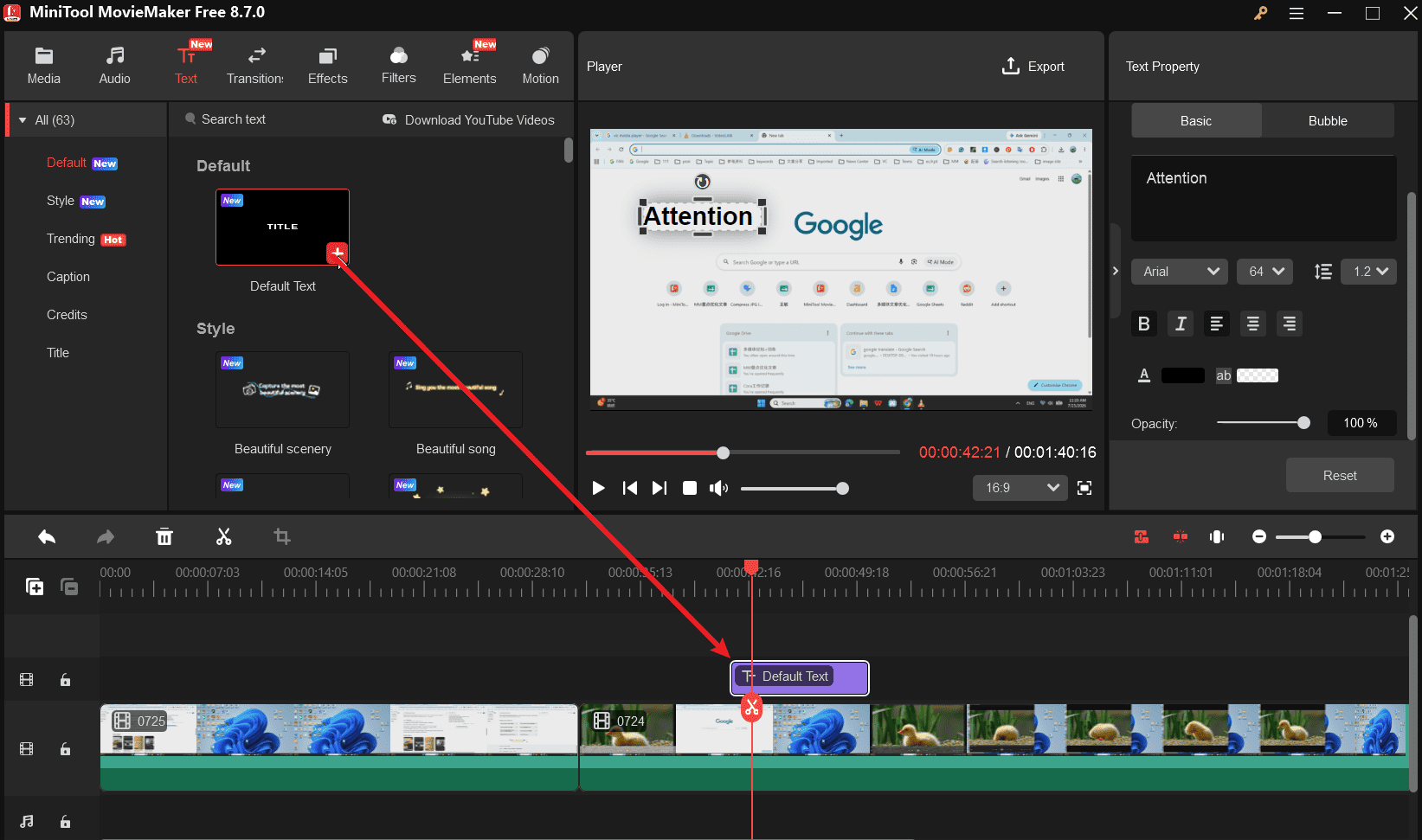 MiniTool MovieMaker interface showing how to add a caption to the video.