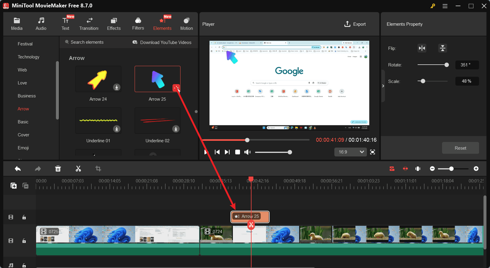 MiniTool MovieMaker interface showing how to add an element to the video.