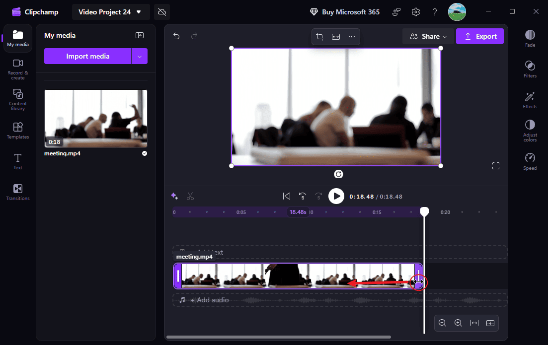 Microsoft Clipchamp interface showing how to trim a video.