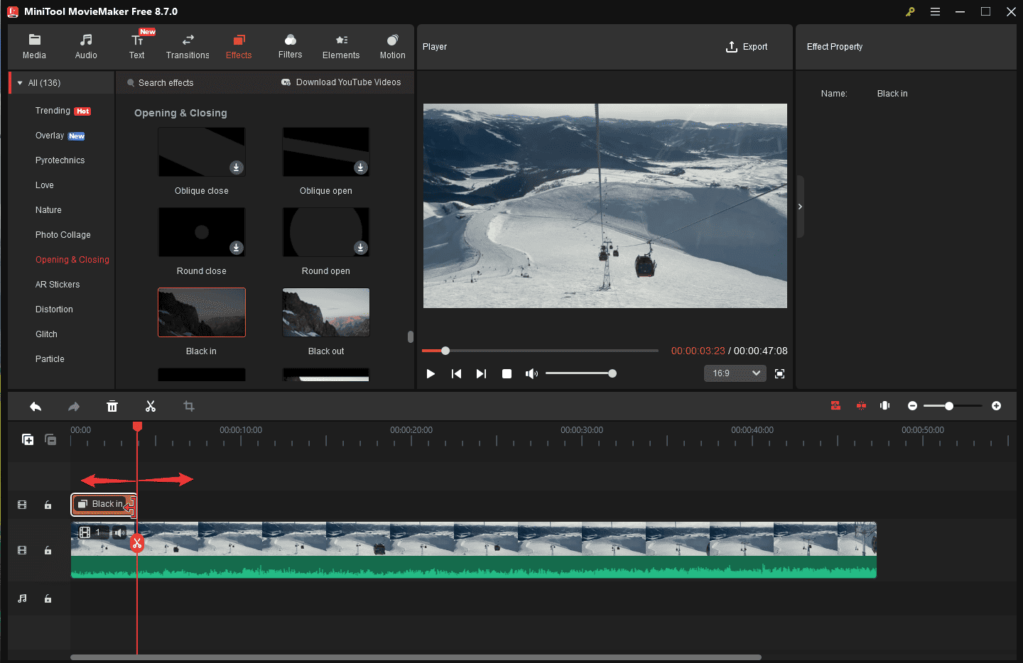 MiniTool MovieMaker interface showing how to change the duration of the opening effect.
