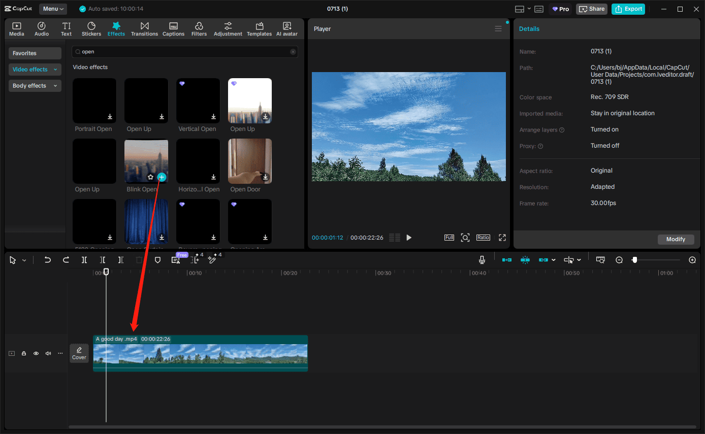 CapCut interface showing how to add an opening effect to the video.