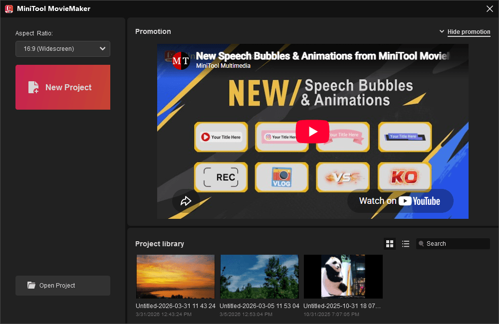 MiniTool MovieMaker pop-up window where you can choose an aspect ratio and start a new project.