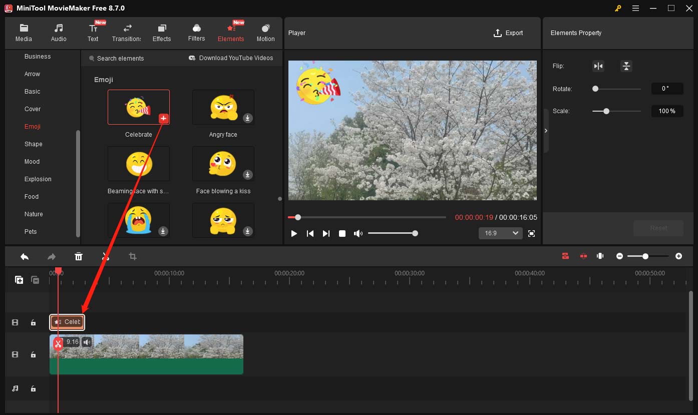 MiniTool MovieMaker interface showing how to add an element to the video.