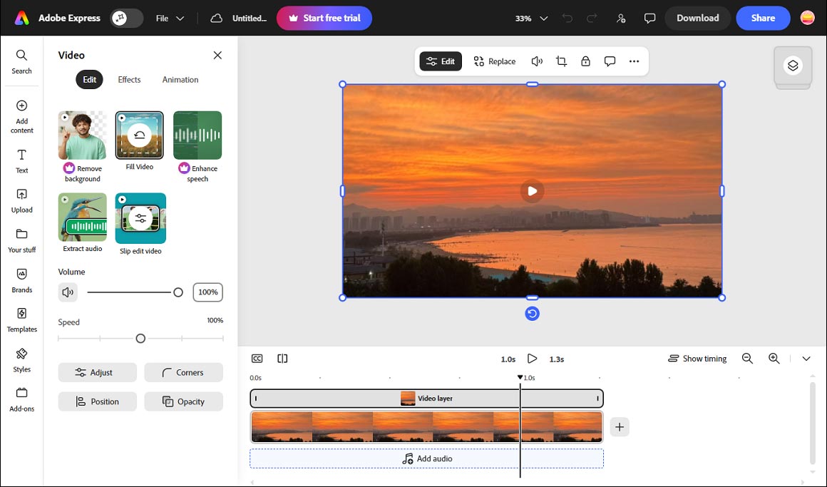 The main editing interface of Adobe Express.