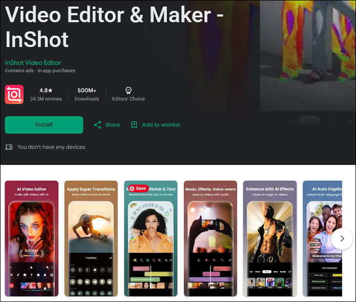 The detail page of InShot in the Google Play Store.