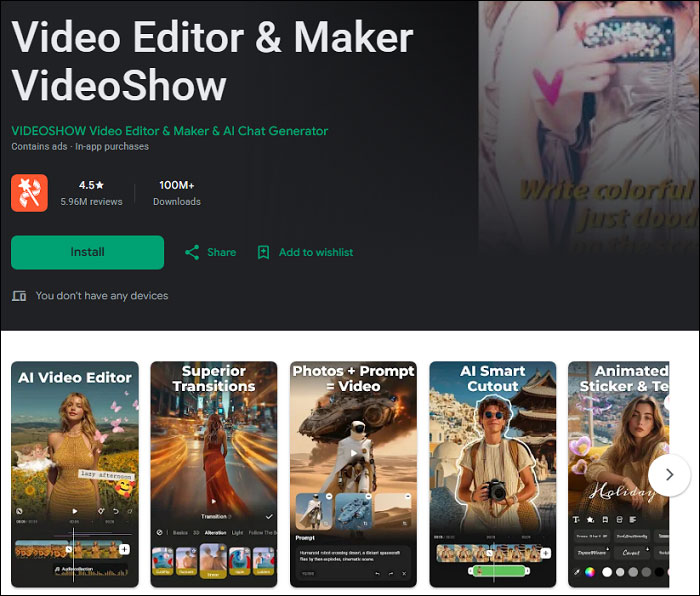 The detail page of VideoShow in the Google Play Store.