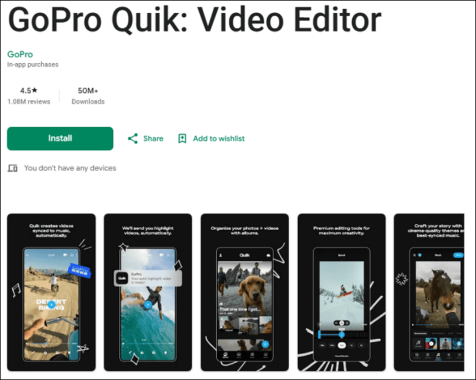 The detail page of GoPro Quick in the Google Play Store.