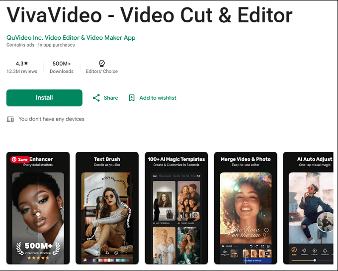 The detail page of VivaVideo in the Google Play Store.