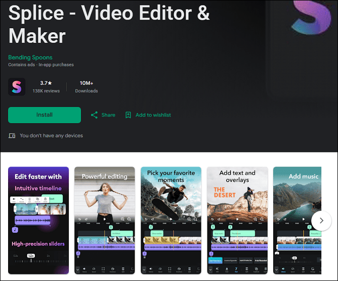 The detail page of Splice in the Google Play Store.