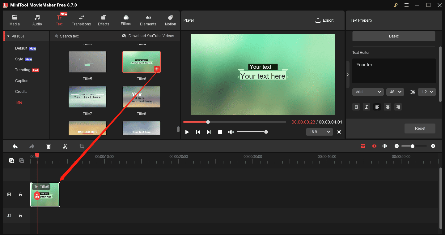 MiniTool MovieMaker interface showing how to add a title card to the timeline.