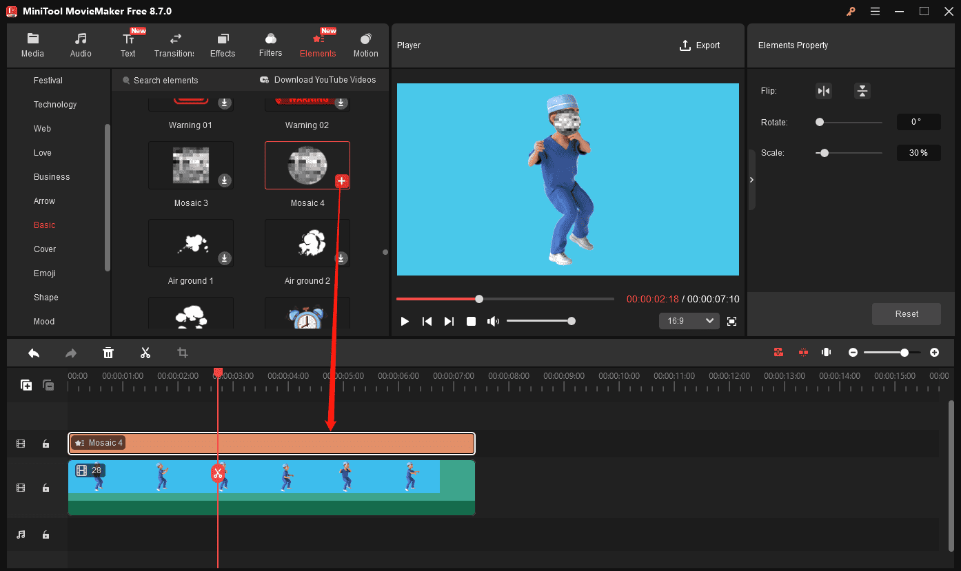 MiniTool MovieMaker interface showing how to add an element to the video.