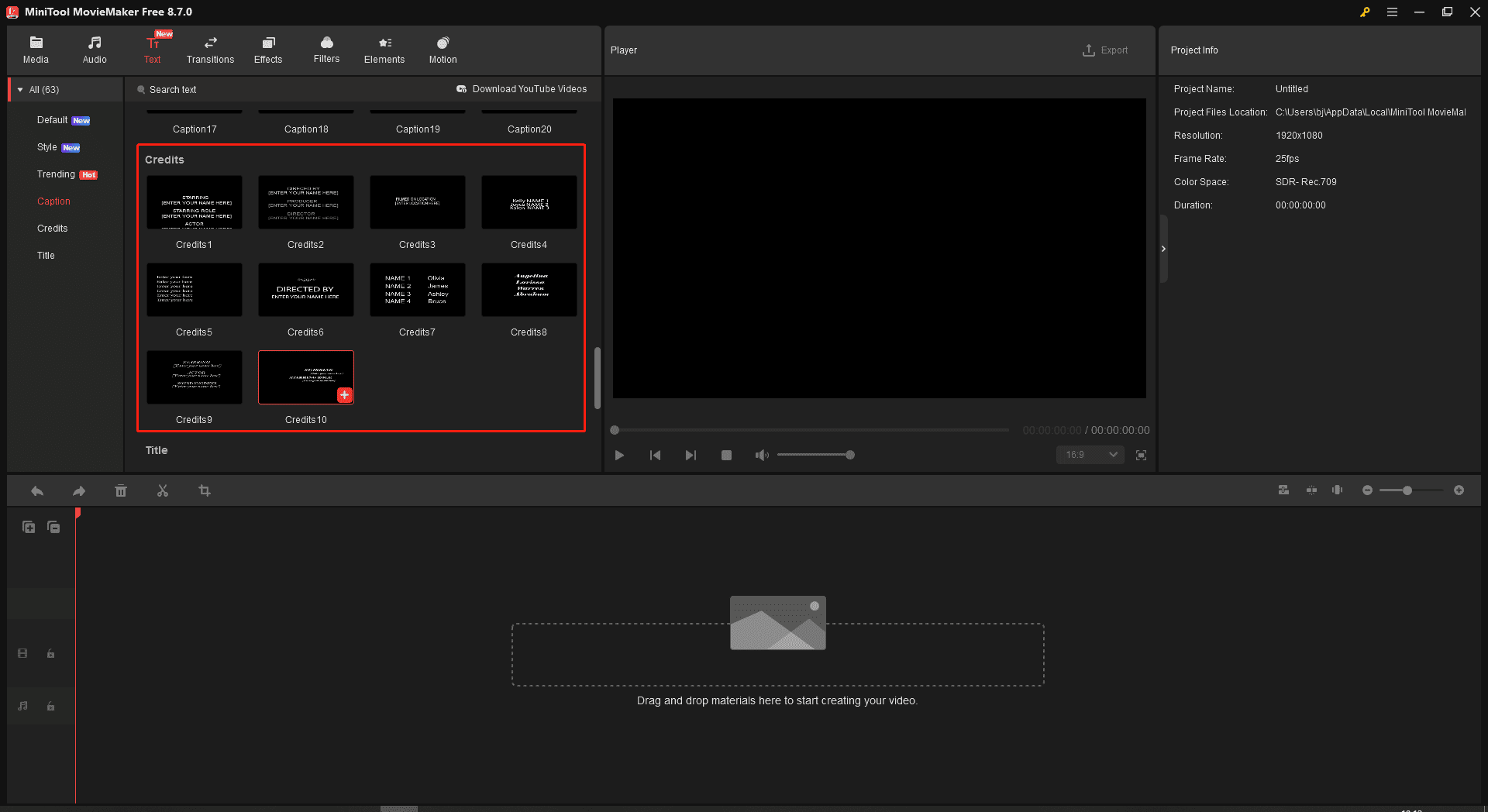 MiniTool MovieMaker interface with the selected credits section on the left side.