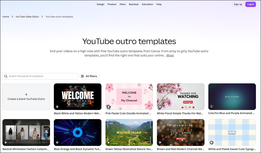 TouTube outro templates page on Canva.