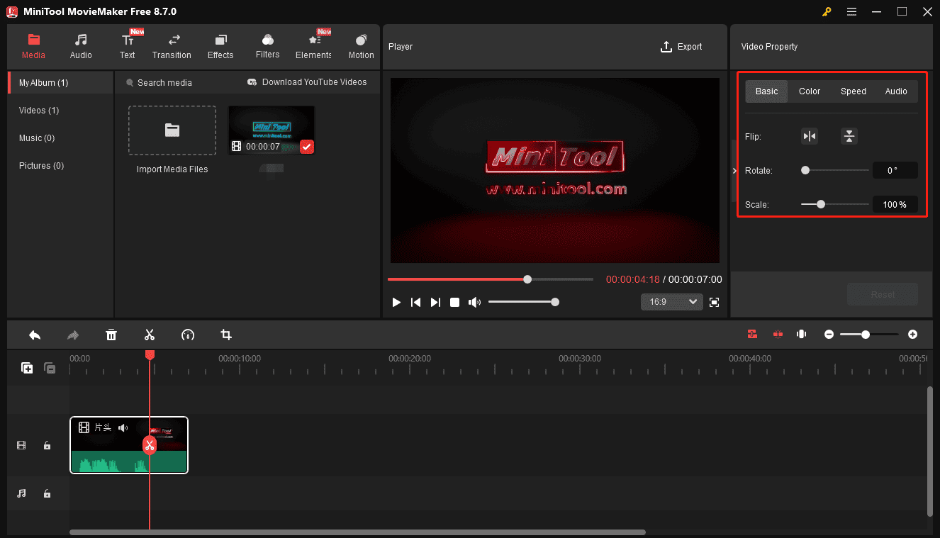 MiniTool MovieMaker interface with the selected Video Property panel on the right side.